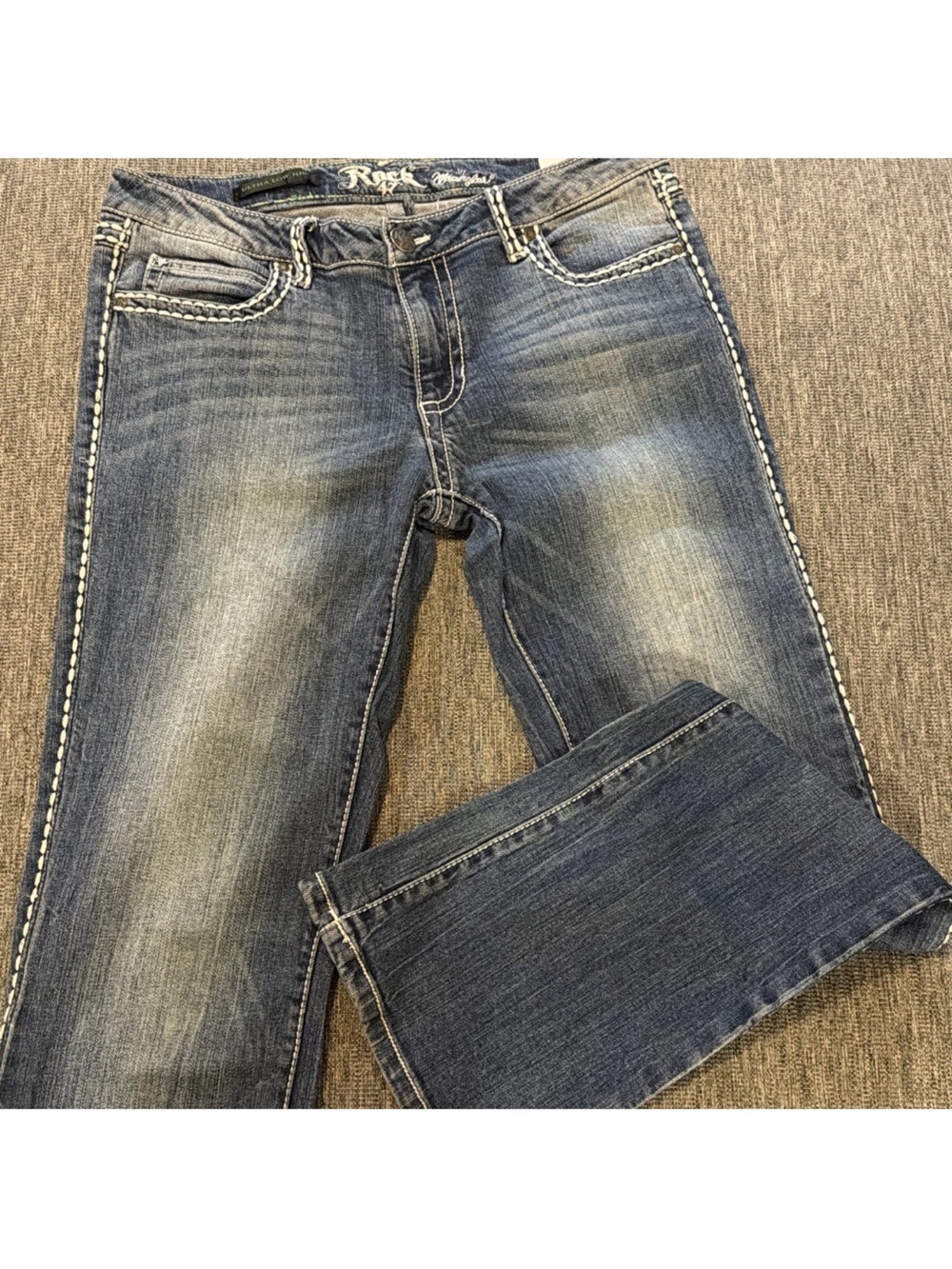 Rock 47 by Wrangler Jeans Womens Ultra Low Rise Bootcut Flap Embellish Pockets 7